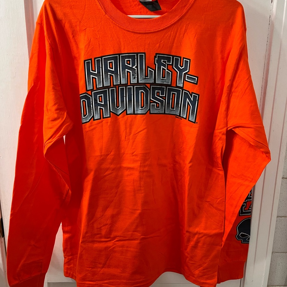 Vintage Harley Davidson Long Sleeve Shirt Orange Mens M Reflective Spell Out Y2